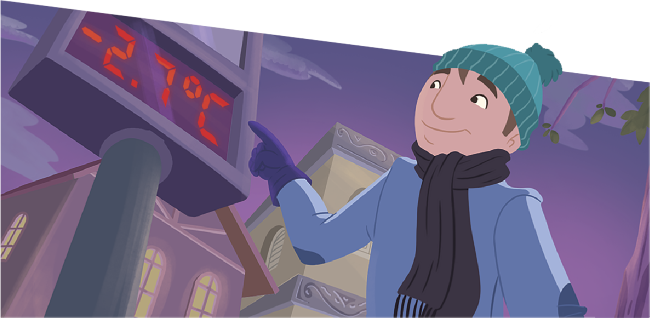 Ilustração. Homem de touca verde, cachecol preto, luvas pretas e casaco azul. Ele aponta para um termômetro de rua indicando a temperatura de menos 2 vírgula 7 graus Celsius. Aparece apenas o tronco do homem. Ao fundo há prédios e o céu está escuro indicando que é noite.