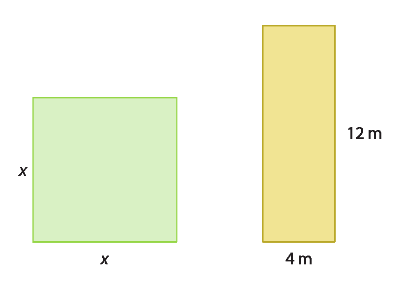 Figura geométrica. Quadrado verde com lados medindo x de comprimento. Figura geométrica. Retângulo laranja com lados medindo 12 metros e 4 metros de comprimento.