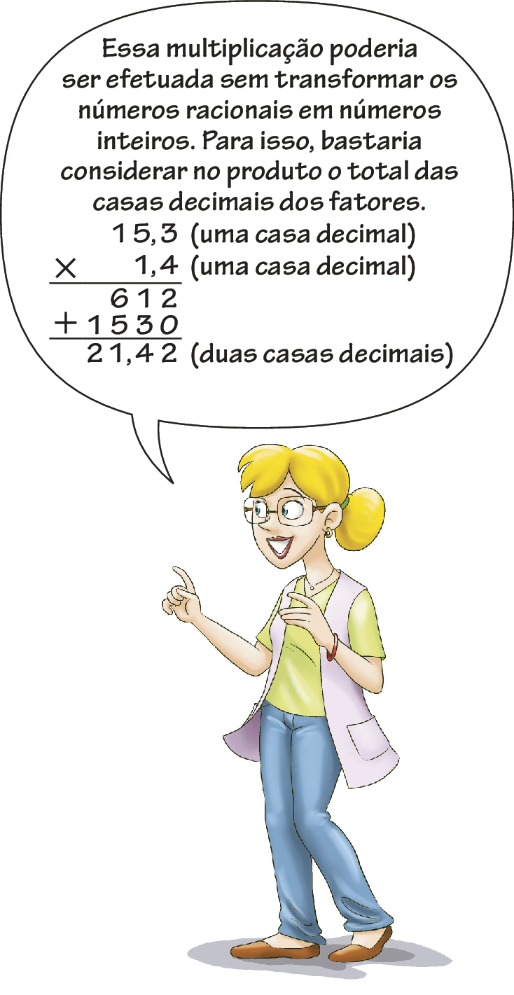 Ilustração. Mulher de óculos, cabelo loiro, blusa verde, jaleco e calça azul. Ela fala: Essa multiplicação poderia ser efetuada sem transformar os números racionais em números inteiros. Para isso, bastaria considerar no produto o total das casas decimais dos fatores. Algoritmo da multiplicação na vertical. Primeira linha: 15 vírgula 3 (uma casa decimal). Segunda linha: sinal de multiplicação e 1 vírgula 4 (uma casa decimal). Primeiro traço.  Primeira linha após o primeiro traço: 612. Segunda linha após o primeiro traço: sinal de mais e 1530. Segundo traço. Linha após segundo traço: 21 vírgula 42 (duas casas decimais).