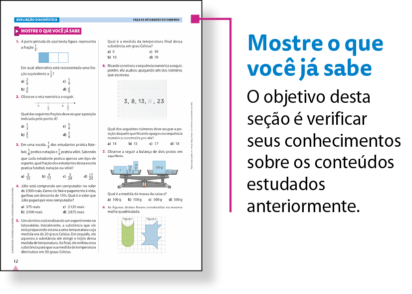 Esquema. Reprodução em tamanho reduzido de uma das páginas da seção Mostre o que você já sabe. Há um fio roxo, no canto superior esquerdo,  que associa a reprodução ao texto: Mostre o que você já sabe O objetivo desta seção é verificar seus conhecimentos sobre os conteúdos estudados anteriormente.