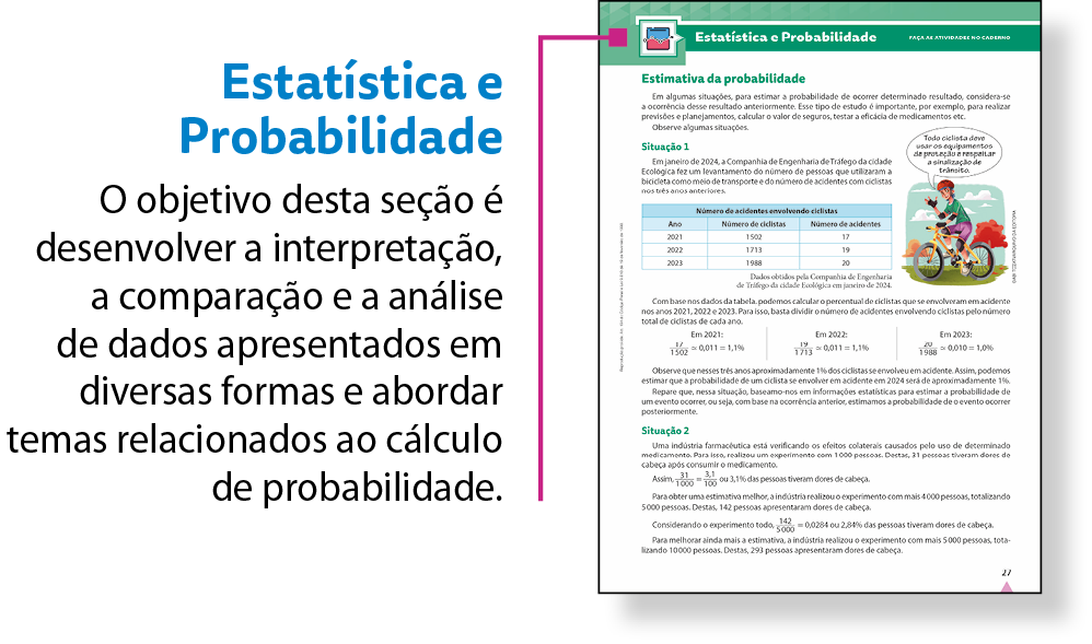 Esquema. Reprodução em tamanho reduzido de página da seção Estatística e Probabilidade. Há um fio roxo, no canto superior esquerdo, que associa a reprodução ao texto: Estatística e Probabilidade O objetivo desta seção é desenvolver a interpretação, a comparação e a análise de dados apresentados em diversas formas e abordar temas relacionados ao cálculo de probabilidade.