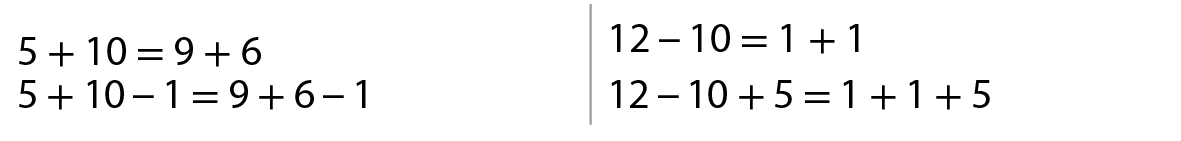 Linha 1: 5 mais 10 é igual a  9 mais 6; 
Linha 2: 5 mais 10 menos 1 é igual a 9 mais 6 menos 1; Linha 3: 12 menos 10 é igual a 1 mais 1; Linha 4: 12 menos 10 mais 5 é igual a 1 mais 1 mais 5