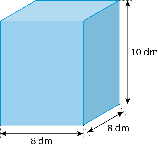 Ilustração. Um paralelepípedo azul com as medidas de 3 arestas indicadas. As medidas são 8 decímetros, 8 decímetros e 10 decímetros.