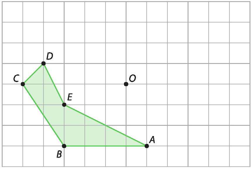 Gráfico. Malha quadriculada com figura geométrica verde de 6 lados ABCDE na parte inferior esquerda. No centro da malha, há o ponto O.