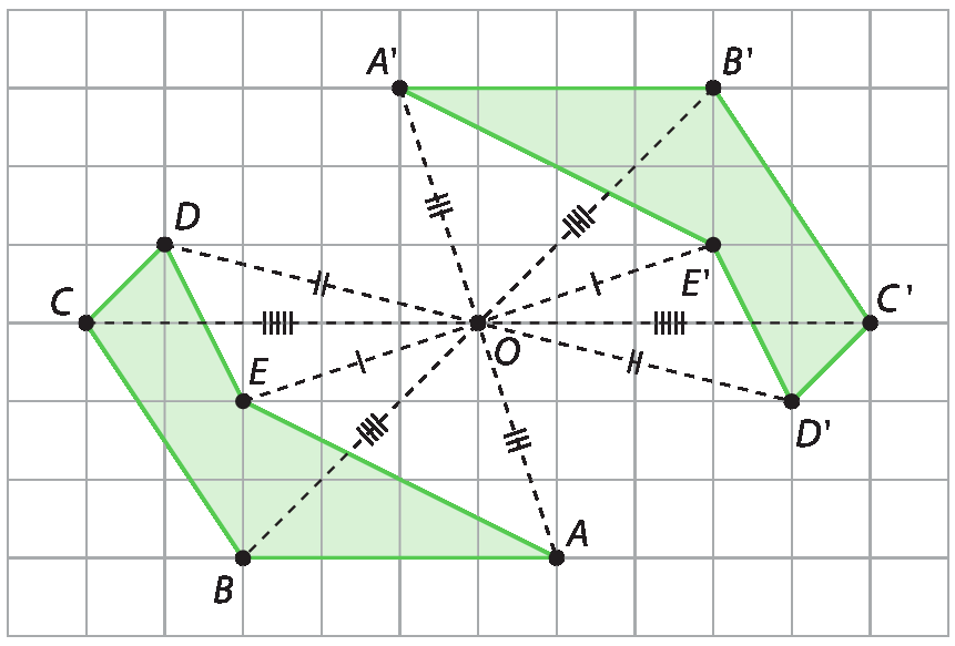 Gráfico. Mesma malha e figura do gráfico anterior. Agora com outra figura geométrica igual a anterior, mas em posição diferente, na parte superior direita. Há linhas tracejadas entre A e A linha, B e B linha, C e C linha, D e D linha, E e E linha. As linhas se cruzam no ponto O, correspondendo à metade da medida de comprimento de cada linha.