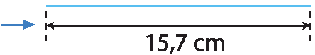 Esquema. Seta azul apontando para ilustração de um segmento de reta azul com indicação de 15,7 centímetros de medida de comprimento.