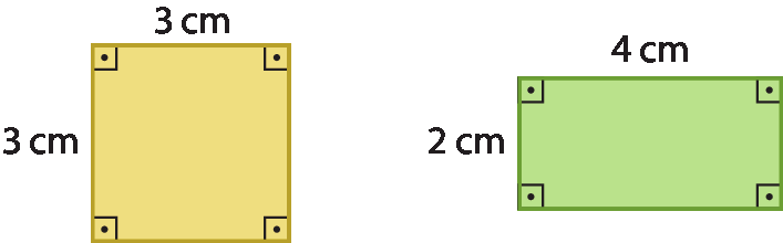 Figura geométrica. Quadrado laranja com lados medindo 3 centímetros de comprimento. Os ângulos retos estão destacados. Figura geométrica. Retângulo verde com lados medindo 4 centímetro e 2 centímetro de comprimento. Os ângulos retos estão destacados.