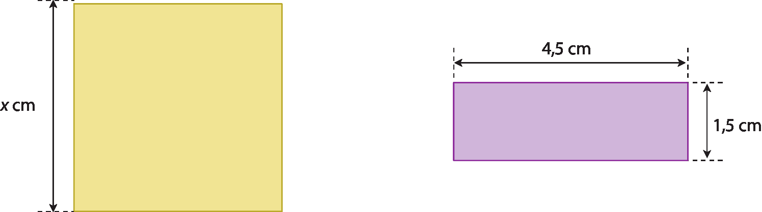 Figura geométrica. Quadrado laranja de lados medindo x centímetros de comprimento. Figura geométrica. Retângulo roxo cujos lados medem 4 vírgula 5 centímetros e 1 vírgula 5 centímetros de comprimento.