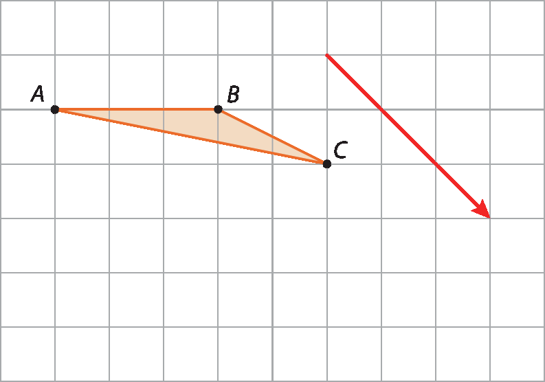 Ilustração. Malha quadriculada com triângulo laranja ABC. À direita, seta diagonal para baixo.