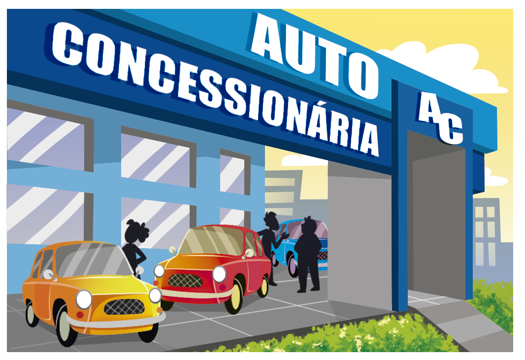 Ilustração. Entrada de uma concessionária de veículos. A fachada tem cor azul e na frente, há um carro vermelho e um carro laranja.