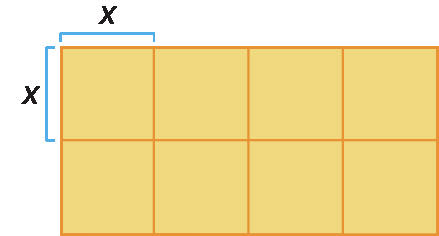 Figura geométrica. Retângulo laranja formado por 8 quadradinhos (duas linhas com 4 quadradinhos cada). Cada quadradinho tem lados medindo x de comprimento.