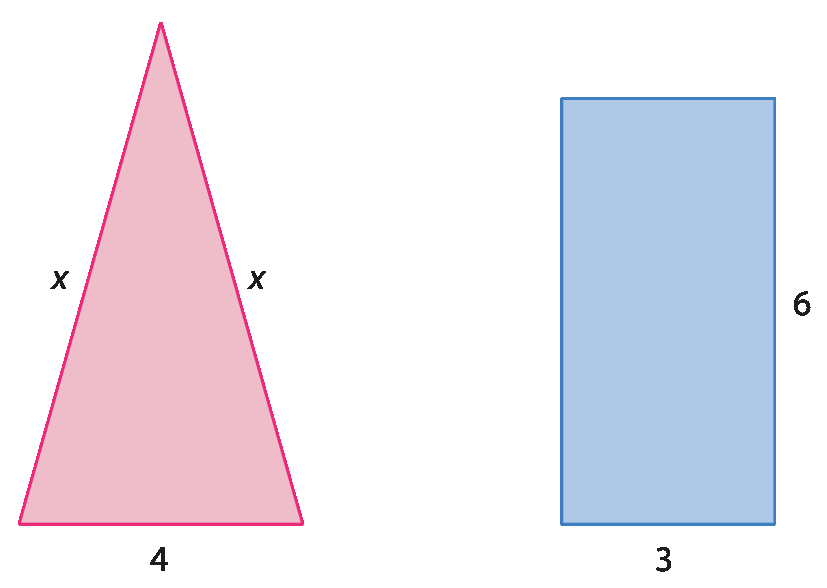 Figura geométrica. Triângulo isósceles. O comprimento da base mede 4 e o comprimento dos lados medem x. Figura geométrica. Retângulo azul com lados medindo 3 e 6 de comprimento.