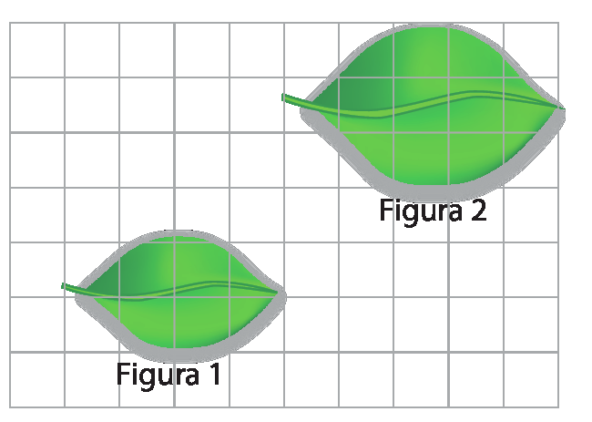 Ilustração. Malha quadriculada com figura 1: Uma folha verde no canto inferior esquerdo, com 4 quadradinhos de largura e 2 quadradinhos de altura. E figura 2: no canto superior direito, mesmo tipo de folha verde da figura 1, mas com 5 quadradinhos de largura e 3 quadradinhos de altura.