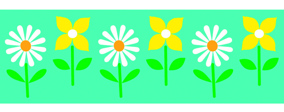 Ilustração. Faixa verde com sequência de flores: flor branca, flor amarela, flor branca, flor amarela, flor branca e flor amarela.