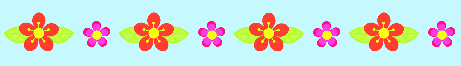 Ilustração. Faixa azul com sequência de flores: flor vermelha grande, flor rosa pequena, flor vermelha grande, flor rosa pequena,flor vermelha grande, flor rosa pequena,flor vermelha grande, flor rosa pequena.