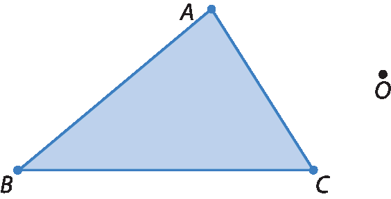 Figura geométrica. Triângulo ABC. À direita do triângulo, ponto O.