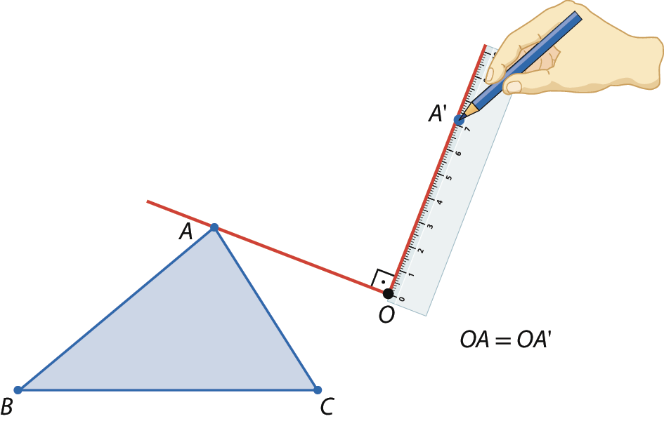 Ilustração. Mesmo triângulo ABC azul, da ilustração anterior. Agora com uma régua traçando uma reta vermelha perpendicular à reta traçada anteriormente. Há uma mão indicando o ponto A linha, com medida de comprimento de O a A linha igual à medida de comprimento de O a A do triângulo ABC. À direita da figura está a cota: OA igual a OA linha.