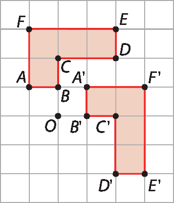 Ilustração. Malha quadriculada com duas figuras iguais vermelhas. Figura ABCDEF e figura A linha, B linha, C linha, D linha, E linha, F linha. Entre as duas figuras há o ponto O.
A figura A linha, B linha, C linha, D linha, E linha F linha é como se a figura ABCDE tivesse sido rotacionada ao redor de O 90 graus no sentido horário.