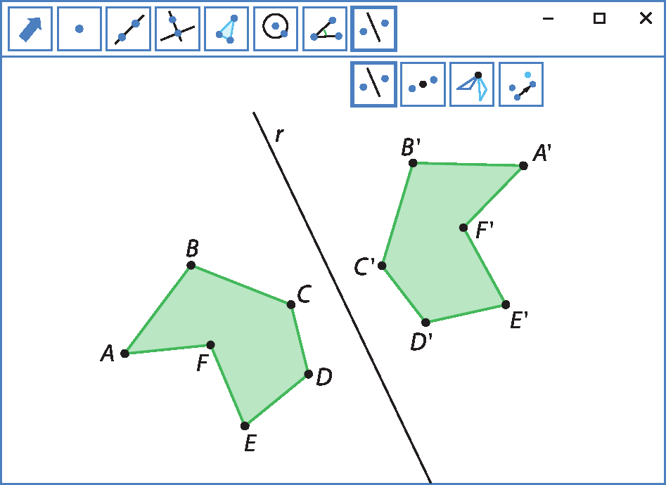 Ilustração. Software de geometria.
Sequência da ilustração anterior. Agora há um polígono verde A linha B linha C linha D linha E linha F linha à direita do ponto O. Esse polígono é uma reflexão do polígono anterior.