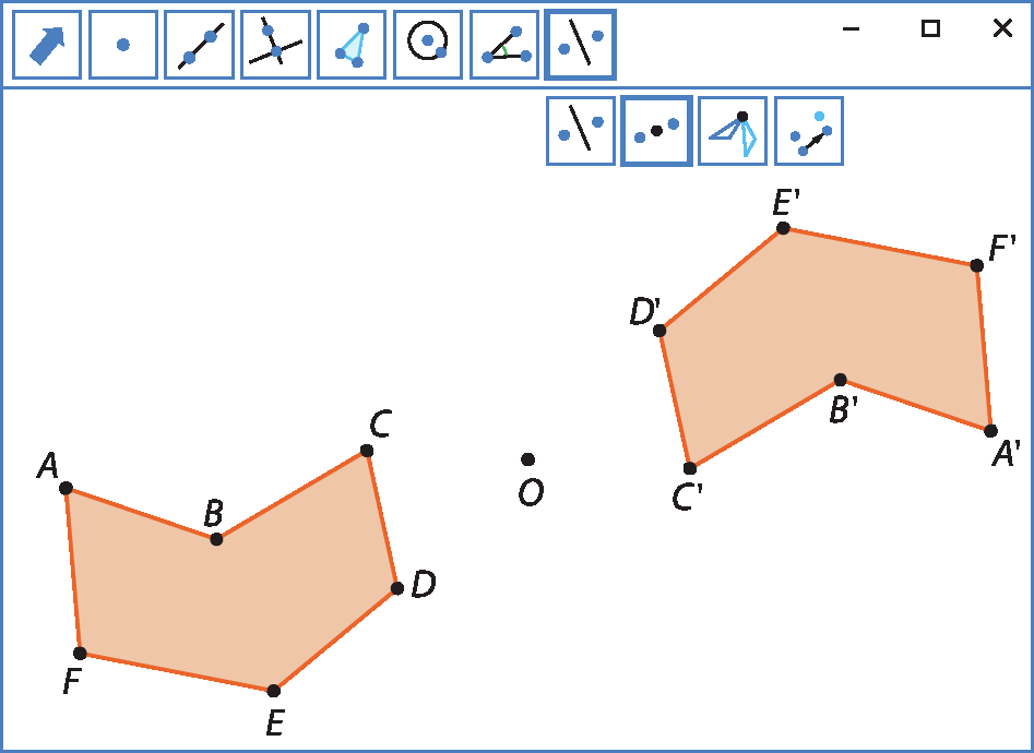 Ilustração. Software de geometria.
Sequência da ilustração anterior. Agora há um polígono laranja A linha B linha C linha D linha E linha F linha à direita da reta r. Esse polígono é uma reflexão do polígono anterior.