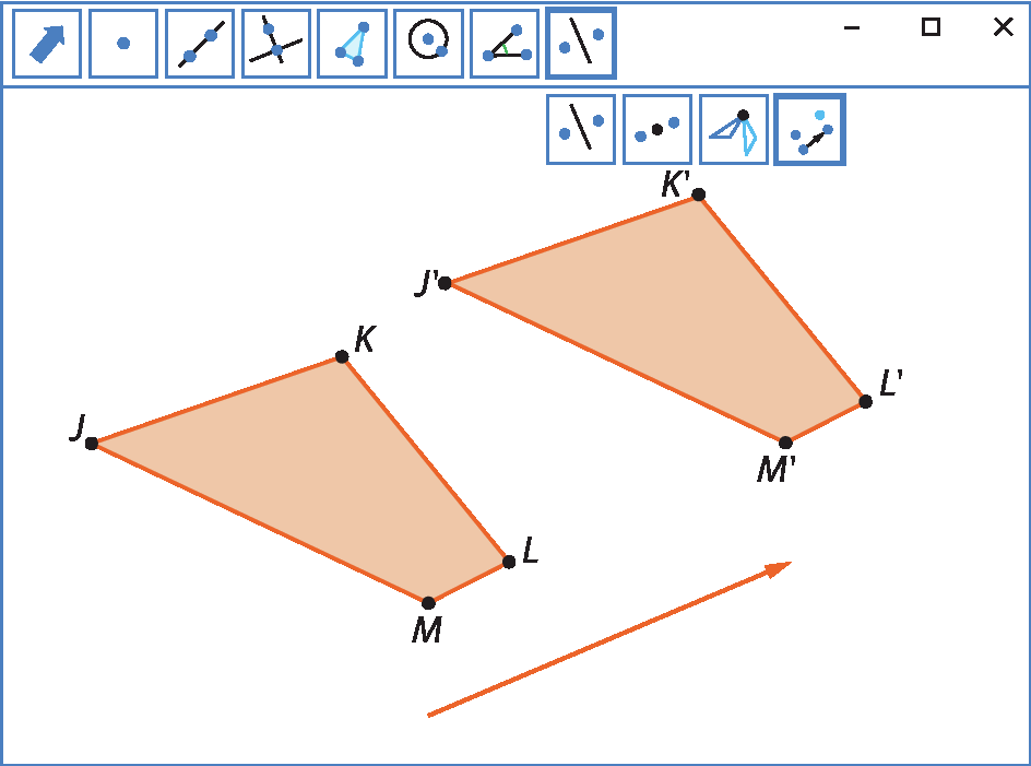 Ilustração. Software de geometria.
Sequência da ilustração anterior. Agora há um polígono laranja J linha K linha L linha M linha à direita do polígono anterior. Esse polígono é uma translação do polígono anterior.