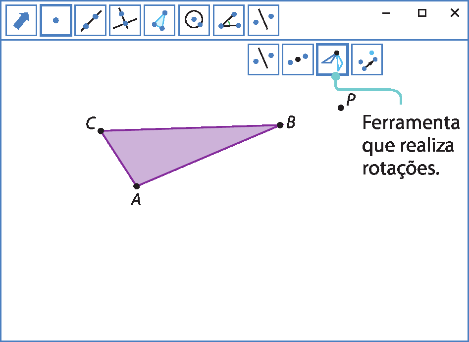 Ilustração. Software de geometria. Na parte superior, botões de comandos. Botão indicado: ponto conectando dois triângulos por um vértice.  Ferramenta que realiza rotações. À esquerda, triângulo roxo ABC. À direita do triângulo, ponto P.