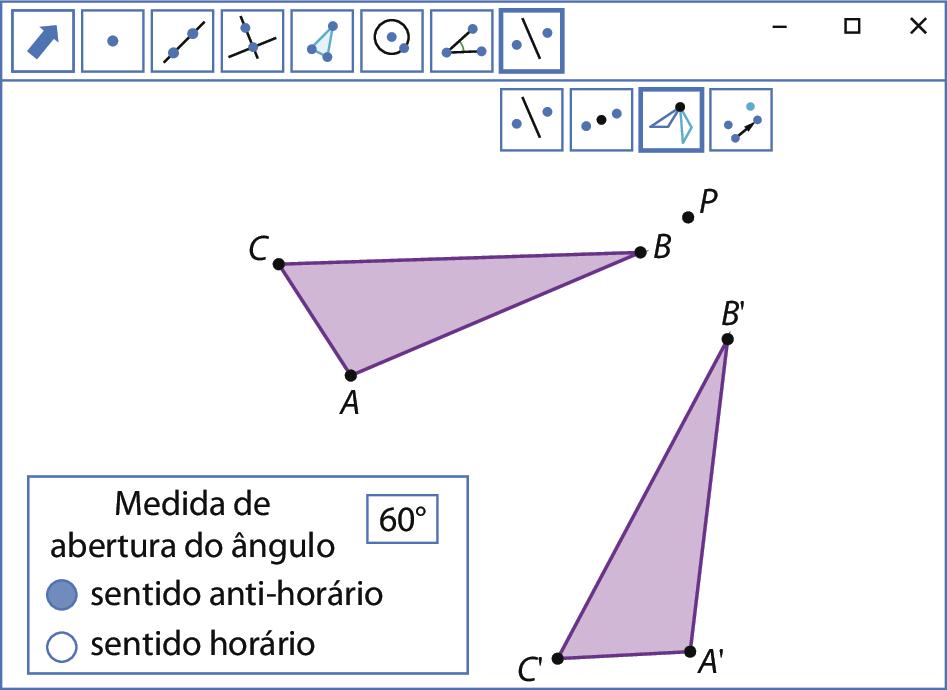 Ilustração. Software de geometria.
Sequência da ilustração anterior. Agora há um triângulo roxo A linha B linha C linha abaixo do triângulo anterior. Esse triângulo é uma rotação do triângulo anterior.
Legenda com as informações a seguir.
Medida de abertura do ângulo: 60 graus. sentido anti-horário marcado e sentido horário desmarcado.