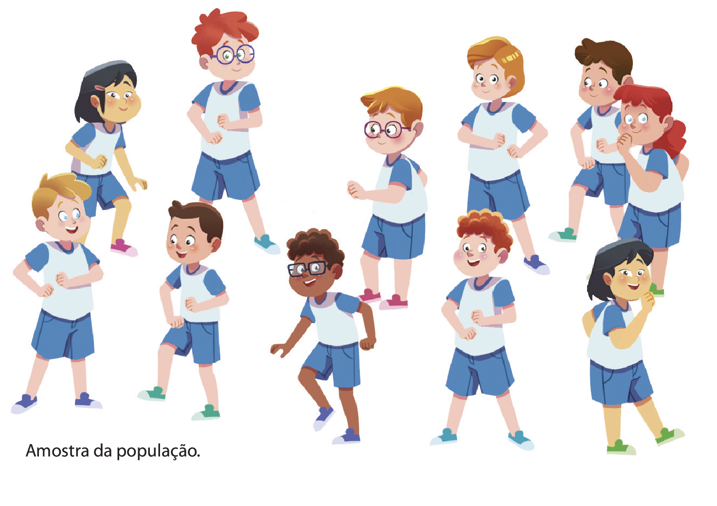 Ilustração. Grupo com 11 estudantes. São meninos e meninas de etnias variadas e estão todos de uniforme escolar que consiste em camisetas e bermudas azuis. Cota abaixo: Amostra da população.