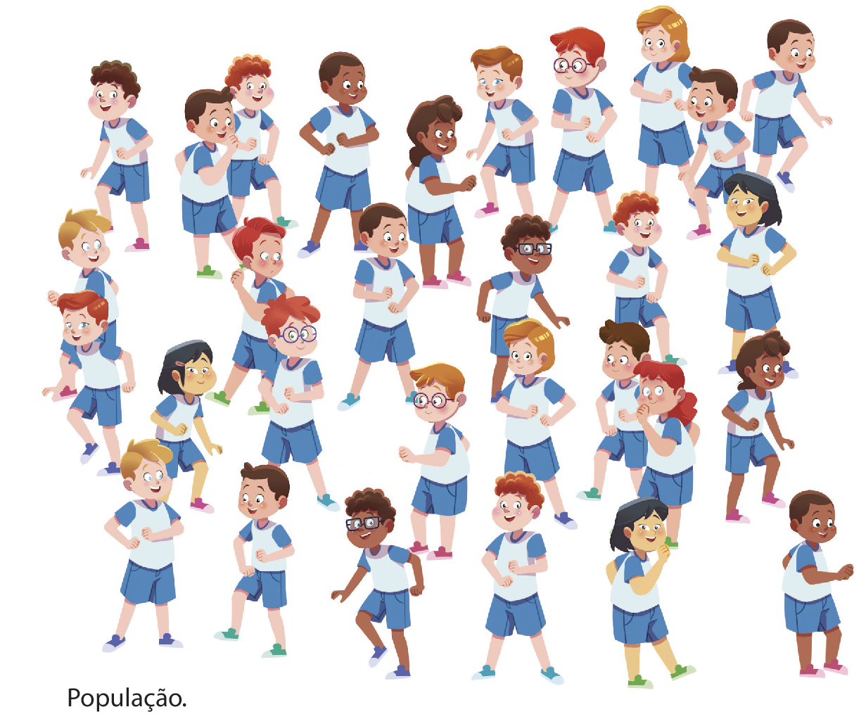 Ilustração. Grupo com 30 estudantes. São meninos e meninas de etnias variadas e estão todos de uniforme escolar que consiste em camisetas e bermudas azuis. Cota abaixo: População.