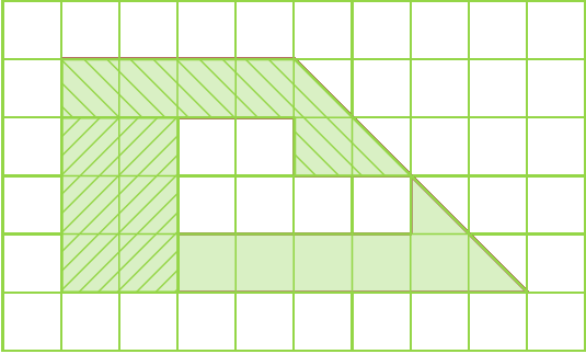 Malha quadriculada. Na malha quadriculada com 6 linhas e 10 quadrinhos e representada uma figura geométrica com duas partes. Uma verde e a outra verde listrada. 
A parte verde listrada tem o formato de um retângulo na vertical com 2 quadradinhos na horizontal e abaixo um formato de triangulo. A parte verde e formada por um retângulo na horizontal e um triangulo no final que se conectam com o triangulo da parte verde listrada