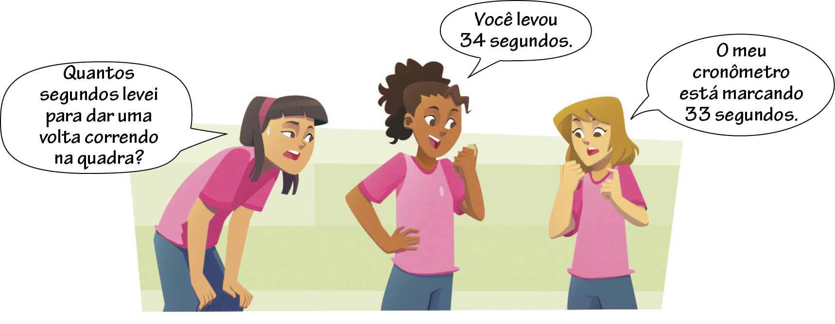 Ilustração. Três meninas de uniforme. Após praticar atividade física uma delas está suada, parece cansada e diz: Quantos segundos levei para dar uma volta correndo na quadra? A menina que está no centro de cabelos presos olha o cronometro e fala: Você levou 34 segundos. A menina à direita olha o cronometro na mão e comenta: O meu cronômetro está marcando 33 segundos.