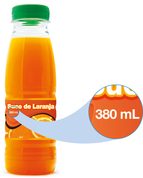 Fotografia. Garrafa de suco de laranja com destaque para a capacidade 380 mililitros.