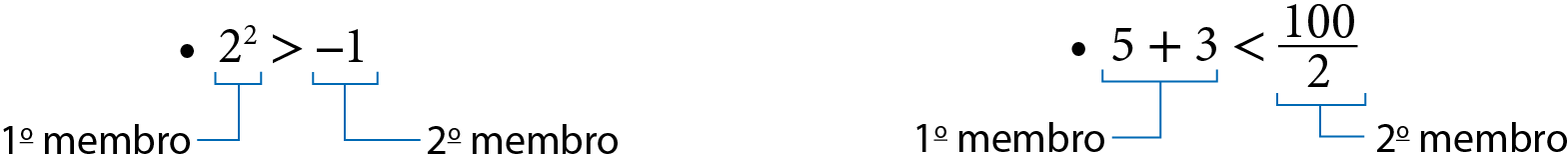 Sentença matemática. 2 elevado ao quadrado, maior que, menos 1.
O termo "2 elevado ao quadrado" está indicado como primeiro membro da desigualdade e o termo "menos 1" como segundo membro da desigualdade.
 Sentença matemática. 5 mais 3, menor que, fração 100 meios.
O termo "5 mais 3" está indicado como primeiro membro da desigualdade e o termo "fração 100 meios" como segundo membro da desigualdade.