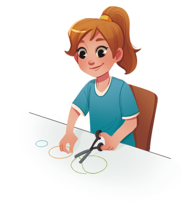 Ilustração. Garota branca de cabelo castanho e blusa azul sentada de frente para uma mesa recortando círculos com uma tesoura.