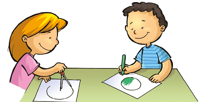 Ilustração. À esquerda, menina branca de cabelos loiros e camiseta rosa desenha uma circunferência com um compasso em uma folha. À frente dela, menino  branco de cabelo preto e blusa azul pinta um círculo em uma folha.