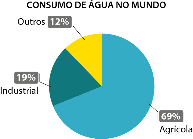 Gráfico de setores colorido. Título: CONSUMO DE ÁGUA NO MUNDO. Os dados de cada setor são: agrícola: 69%, setor azul claro. Industrial: 19%, setor azul escuro. Outros: 12%, setor amarelo.