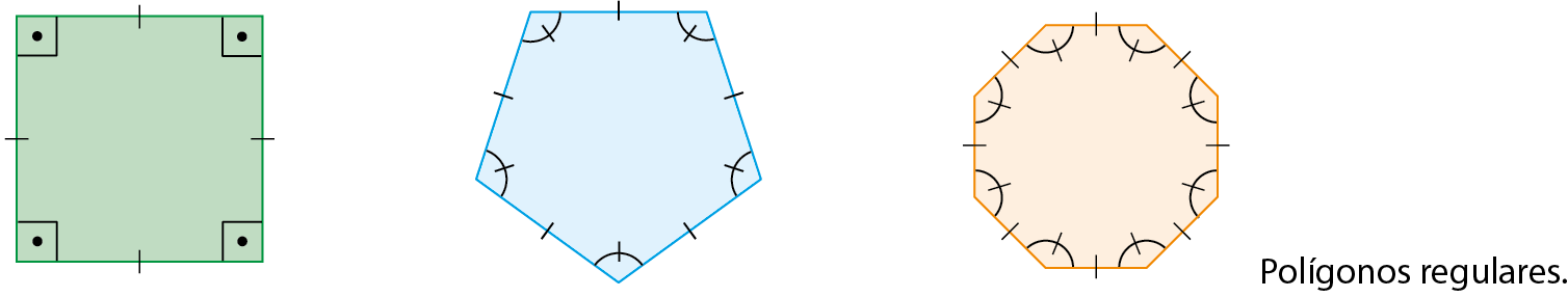 Ilustração. Quadrado verde com quatro ângulos internos retos. Ilustração. Pentágono azul convexo com todos os seus lados e ângulos internos congruentes. Ilustração. octógono bege convexo com  todos seus lados e ângulos internos congruentes. Legenda: Polígonos regulares.