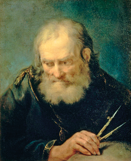 Pintura. Retrato de homem branco de cabelos e barba grisalhos. Ele olha para baixo e está usando roupas escuras com detalhes em dourado. Na mão direita, ele segura um compasso.