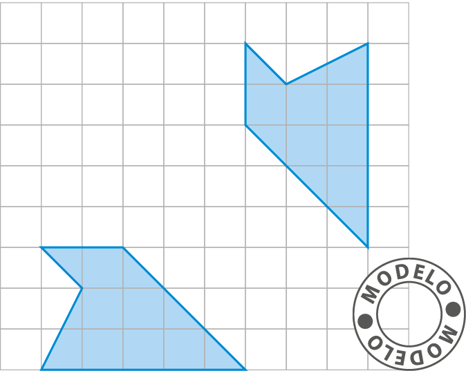 Gráfico. Modelo. Malha quadriculada com duas figuras geométricas iguais de 5 lados cada uma, como se uma fosse reflexo da outra. Uma posicionada na parte inferior esquerda e a outra na parte superior direita. As duas figuras estão a uma distância horizontal de 3 quadradinhos uma da outra.