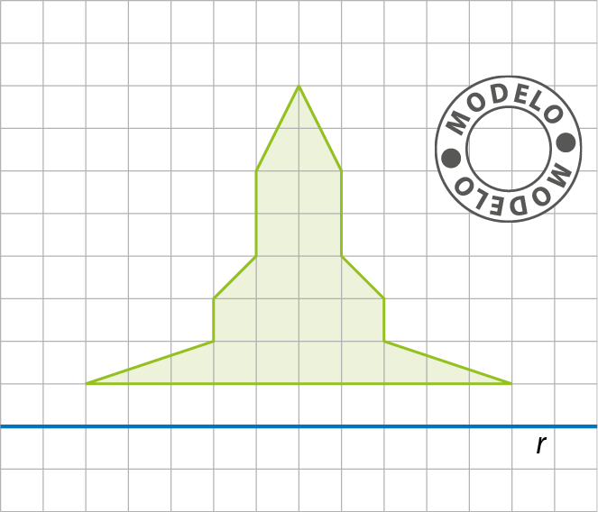 Gráfico. Modelo. Malha quadriculada com figura geométrica verde de 11 lados. abaixo da figura há uma reta horizontal r.