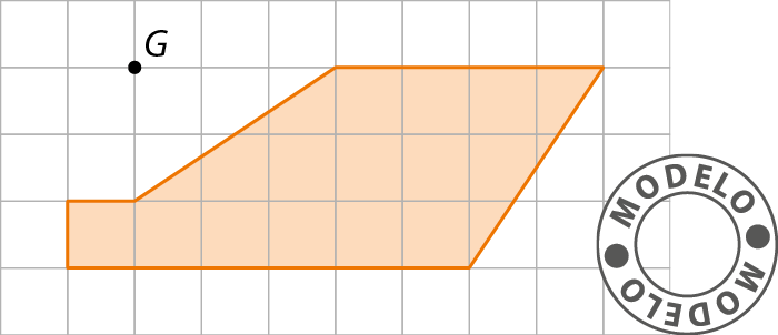 Gráfico. Modelo. Malha quadriculada com figura geométrica laranja de seis lados. Acima e à esquerda da figura. há o ponto G.