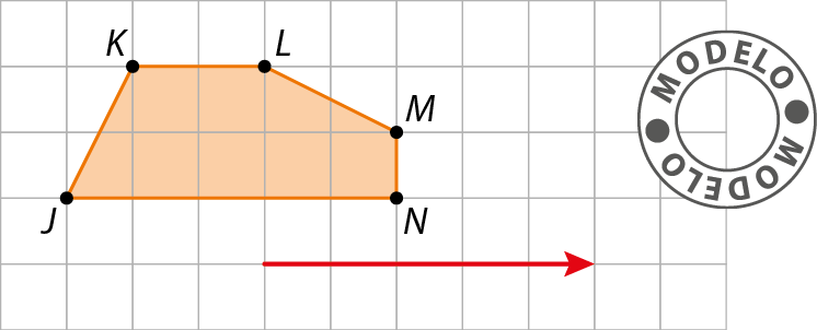 Gráfico. Modelo. Malha quadriculada com figura geométrica laranja de 5 lados JKLMN. Abaixo dele, seta para direita, com 5 quadradinhos de comprimento.