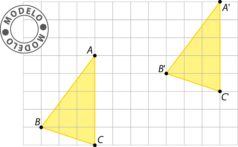 Gráfico. Modelo. Malha quadriculada com triângulo ABC amarelo no canto inferior esquerdo. No canto superior direito, triângulo A linha B linha e C linha, azul. Os dois triângulos são iguais.