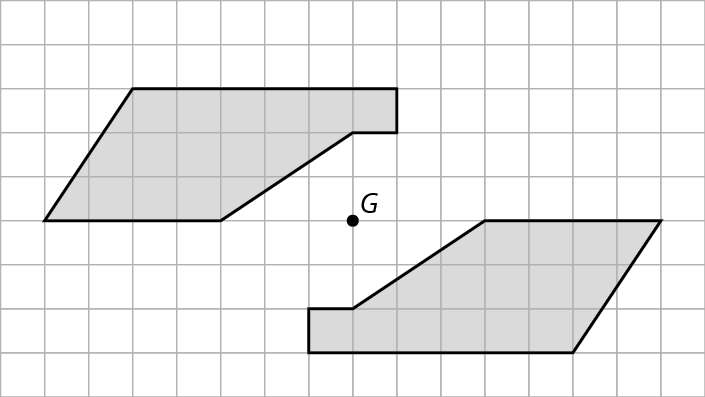 Gráfico. Mesma malha quadriculada com figura geométrica de seis lados da atividade 2. Agora, ao lado esquerdo do ponto G, há uma figura igual à anterior, mas posicionada como se estivesse sendo refletida por meio do ponto G.