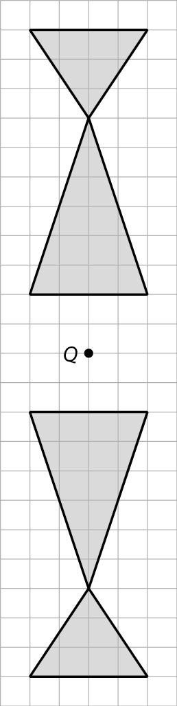Gráfico. Malha quadriculada com figura geométrica cinza formada pelos dois triângulos da atividade 1. Agora há mais uma figura geométrica idêntica à anterior, mas posicionada na parte inferior da malha, abaixo do ponto Q, como se fosse um reflexo da primeira figura.
As duas figuras estão a uma distância vertical de 4 quadradinhos uma da outra e o ponto Q está na metade da medida dessa distância.