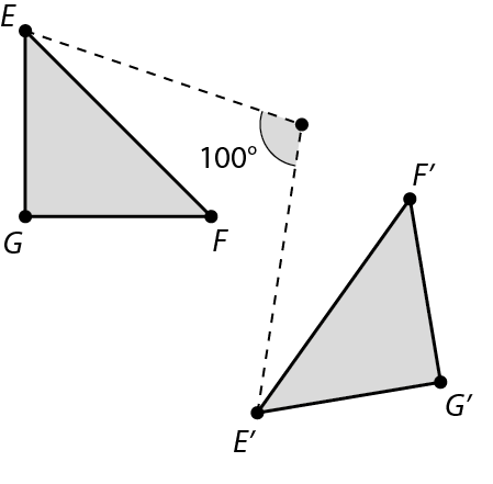 Figura geométrica. Dois triângulos cinza iguais. Triângulo EFG e triângulo E linha F linha e G linha. Abaixo, à direita, triângulo A linha, b linha, C linha igual. Reta tracejada de E até a indicação de um ângulo de 100 graus. E reta tracejada do ângulo de 100 graus até E linha. O ângulo indica que o triângulo EFG foi rotacionado em 100 graus no sentido  anti-horário.