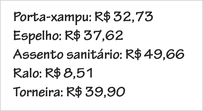 Esquema. Lista com preços. Porta-xampu: 32 reais e 73 centavos. Espelho: 37 reais e 62 centavos. Assento sanitário: 49 reais e 66 centavos. Ralo: 8 reais e 51 centavos. Torneira: 39 reais e 90 centavos.