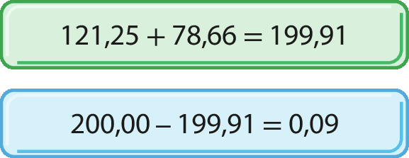 Quadro verde com sentença matemática. 121 vírgula 5 mais 78 vírgula 66, igual, 199 vírgula 91. Quadro azul com sentença matemática. 200 vírgula 00 menos 199 vírgula 91, igual, 0 vírgula 09.