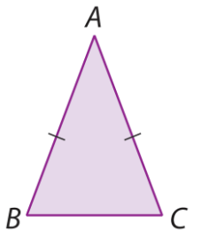 Figura geométrica. Triângulo ABC com indicação de que os lados AB e AC são congruentes.