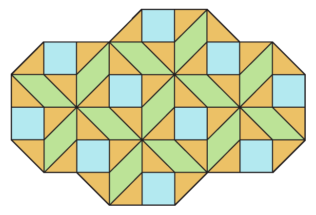 Figura geométrica. Mosaico composto por triângulos na cor laranja, quadrados na cor azul e paralelogramos na cor verde.